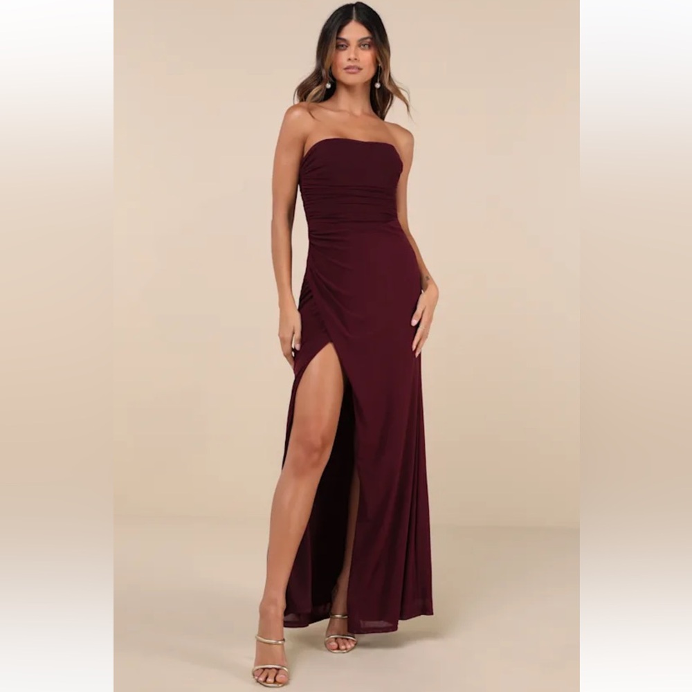 Lulus Epitome of Allure Burgundy Strapless Ruched Maxi Dress